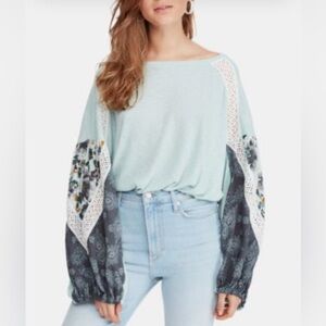 Free People Light Blue and Dark Gray Boho Top